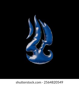3d illustration of inflatable flame shape in blue color with reflective surface. y2k. Vector element for decoration. Power and energy theme. Fire. Isolated black background.