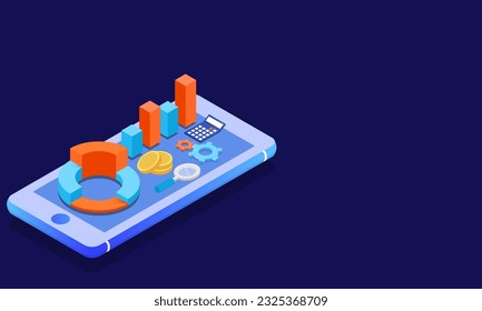 3D Illustration of Infographic Chart with Coins, Calculator and Setting, Search Review in Smart Screen for Business or Finance Data Analysis Concept.