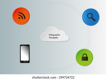 3D illustration infographic with cloud motif in the middle and several icons around including mobile cell phone. Each item has own shadow and background is light blue.