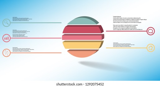 3D illustration infographic template. The embossed ring is divided to five color parts. Object is arranged on blue white background. Color lines with simple signs in circles are on sides.