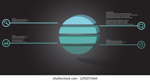 3D illustration infographic template. The embossed ring is divided to four color parts. Object is arranged on grey black background. Color lines with simple signs in circles are on sides.
