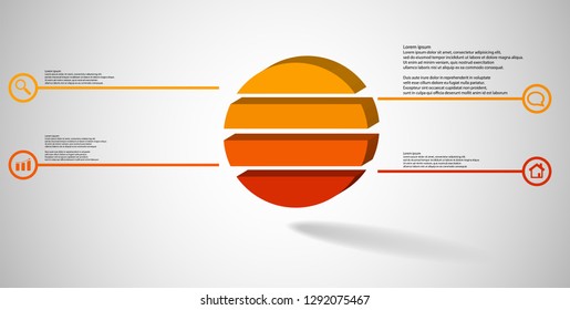 3D illustration infographic template. The embossed ring is divided to four color parts. Object is arranged on grey white background. Color lines with simple signs in circles are on sides.