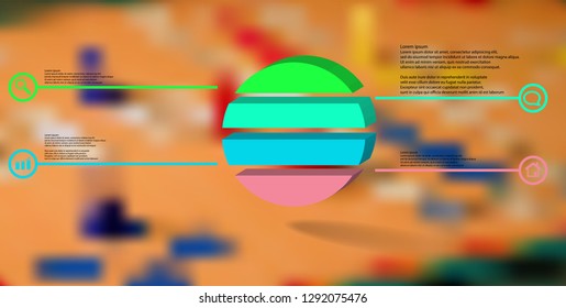 3D illustration infographic template. The embossed ring is divided to four color parts. Object is arranged on blurred photo background. Color lines with simple signs in circles are on sides.