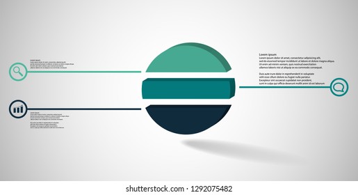 3D illustration infographic template. The embossed ring is divided to three color parts. Object is arranged on grey white background. Color lines with simple signs in circles are on sides.