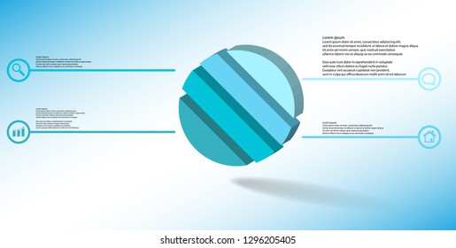 3D illustration infographic template. The embossed ring is askew divided to four color parts. Object is arranged on blue white background. Color lines with simple signs in circles are on sides.