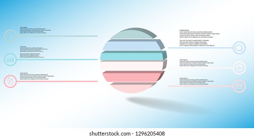 3D illustration infographic template. The embossed ring is divided to six color parts. Object is arranged on blue white background. Color lines with simple signs in circles are on sides.