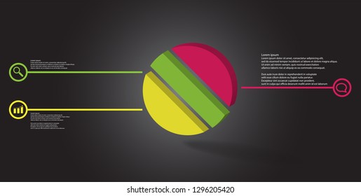 3D illustration infographic template. The embossed ring is askew divided to three color parts. Object is arranged on grey black background. Color lines with simple signs in circles are on sides.