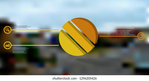 3D illustration infographic template. The embossed ring is askew divided to three color parts. Object is arranged on blurred photo background. Color lines with simple signs in circles are on sides.