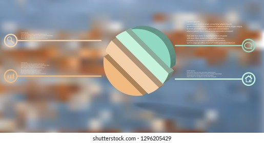 3D illustration infographic template. The embossed ring is askew divided to four color parts. Object is arranged on blurred photo background. Color lines with simple signs in circles are on sides.