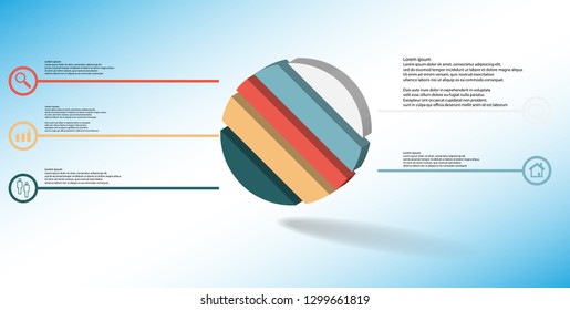 3D illustration infographic template. The embossed ring is askew divided to five color parts. Object is arranged on blue white background. Color lines with simple signs in circles are on sides.
