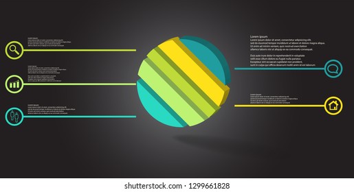 3D illustration infographic template. The embossed ring is askew divided to five color parts. Object is arranged on grey black background. Color lines with simple signs in circles are on sides.