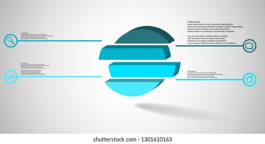 3D illustration infographic template. The embossed ring is divided to four color shifted parts. Object is arranged on grey white background. Color lines with simple signs in circles are on sides.