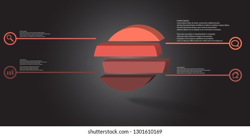 3D illustration infographic template. The embossed ring is divided to four color shifted parts. Object is arranged on grey black background. Color lines with simple signs in circles are on sides.