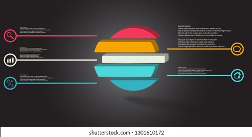 3D illustration infographic template. The embossed ring is divided to five color shifted parts. Object is arranged on grey dark background. Color lines with simple signs in circles are on sides.