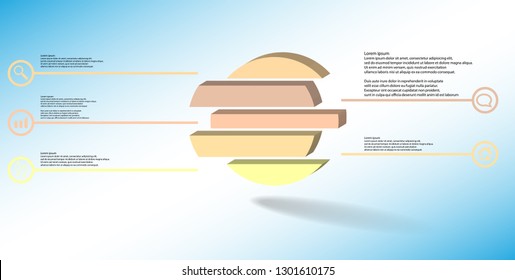 3D illustration infographic template. The embossed ring is divided to five color shifted parts. Object is arranged on blue white background. Color lines with simple signs in circles are on sides.