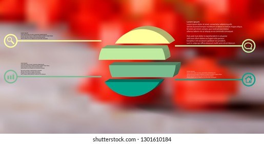 3D illustration infographic template. The embossed ring is divided to four color shifted parts. Object is arranged on blurred photo background. Color lines with simple signs in circles are on sides.