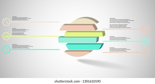 3D illustration infographic template. The embossed ring is divided to six color shifted parts. Object is arranged on grey white background. Color lines with simple signs in circles are on sides.