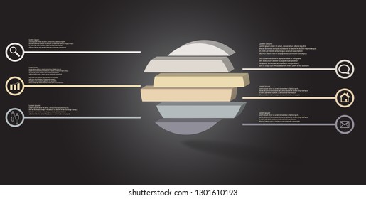 3D illustration infographic template. The embossed ring is divided to six color shifted parts. Object is arranged on grey black background. Color lines with simple signs in circles are on sides.
