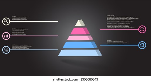 3D illustration infographic template. The embossed triangle is divided to five color parts. Object is arranged on grey dark background. Color lines with simple signs in circles are on sides.