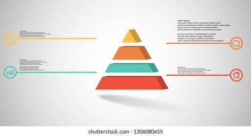 3D illustration infographic template. The embossed triangle is divided to four color parts. Object is arranged on grey white background. Color lines with simple signs in circles are on sides.
