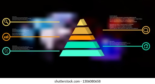 3D illustration infographic template. The embossed triangle is divided to five color parts. Object is arranged on blurred photo background. Color lines with simple signs in circles are on sides.