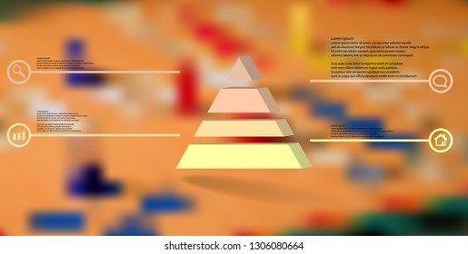 3D illustration infographic template. The embossed triangle is divided to four color parts. Object is arranged on blurred photo background. Color lines with simple signs in circles are on sides.