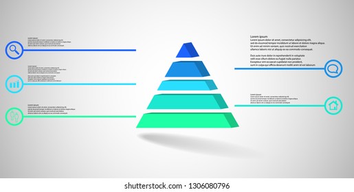 3D illustration infographic template. The embossed triangle is divided to five color parts. Object is arranged on grey white background. Color lines with simple signs in circles are on sides.