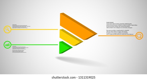 3D illustration infographic template. The embossed triangle is divided to three color parts. Object is askew arranged on grey white background. Color lines with simple signs in circles are on sides.