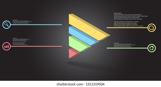 3D illustration infographic template. The embossed triangle is divided to four color parts. Object is askew arranged on grey black background. Color lines with simple signs in circles are on sides.