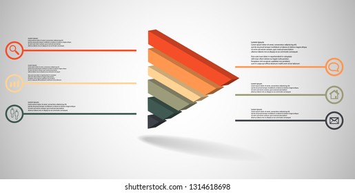 3D illustration infographic template. The embossed triangle is divided to six color parts. Object is askew arranged on grey white background. Color lines with simple signs in circles are on sides.