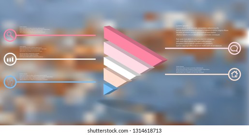 3D illustration infographic template. The embossed triangle is divided to five color parts. Object is askew arranged on blurred photo background. Color lines with simple signs in circles are on sides.