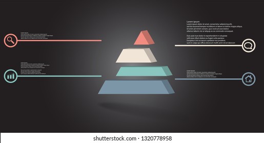 3D illustration infographic template. The embossed triangle is divided to four color shifted parts. Object is arranged on grey black background. Color lines with simple signs in circles are on sides.
