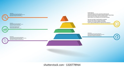 3D illustration infographic template. The embossed triangle is divided to five color shifted parts. Object is arranged on blue white background. Color lines with simple signs in circles are on sides.