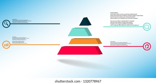 3D illustration infographic template. The embossed triangle is divided to four color shifted parts. Object is arranged on blue white background. Color lines with simple signs in circles are on sides.