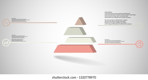 3D illustration infographic template. The embossed triangle is divided to four color shifted parts. Object is arranged on grey white background. Color lines with simple signs in circles are on sides.