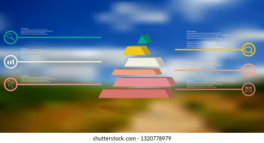 3D illustration infographic template. The embossed triangle is divided to six color shifted parts. Object is arranged on blurred photo background. Color lines with simple signs in circles are on sides