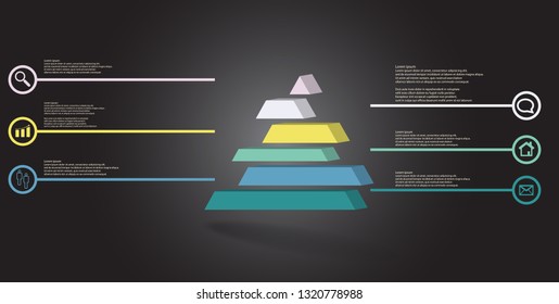 3D illustration infographic template. The embossed triangle is divided to six color shifted parts. Object is arranged on grey dark background. Color lines with simple signs in circles are on sides.