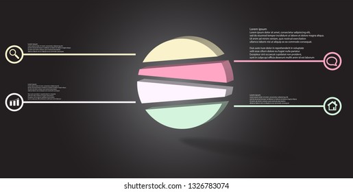 3D illustration infographic template. The embossed circle is randomly divided to four color parts. Object is arranged on grey black background. Color lines with simple signs in circles are on sides.