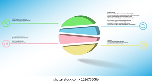 3D illustration infographic template. The embossed circle is randomly divided to four color parts. Object is arranged on blue white background. Color lines with simple signs in circles are on sides.