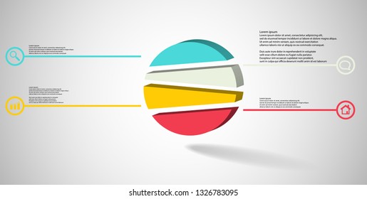 3D illustration infographic template. The embossed circle is randomly divided to four color parts. Object is arranged on grey white background. Color lines with simple signs in circles are on sides.