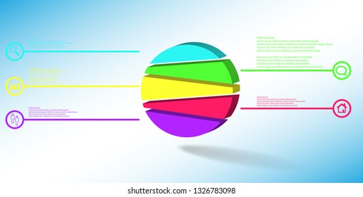 3D illustration infographic template. The embossed circle is randomly divided to five color parts. Object is arranged on blue white background. Color lines with simple signs in circles are on sides.