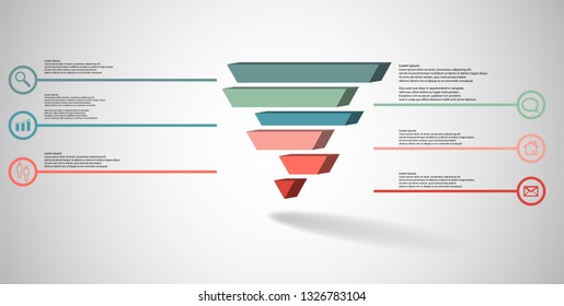 Plantilla infográfica de ilustración 3D. El triángulo grabado se divide en seis partes cambiadas de color. El objeto está organizado en fondo blanco gris. Las líneas de color con signos simples en círculos están en los lados.