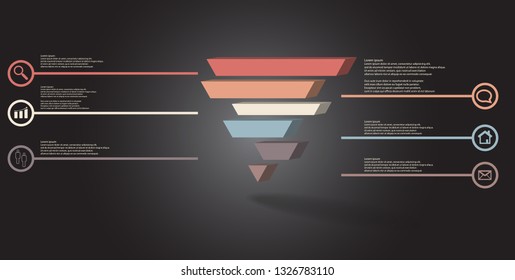 3D illustration infographic template. The embossed triangle is divided to six color shifted parts. Object is arranged on grey black background. Color lines with simple signs in circles are on sides.