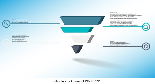 3D illustration infographic template. The embossed triangle is divided to four color shifted parts. Object is arranged on blue white background. Color lines with simple signs in circles are on sides.