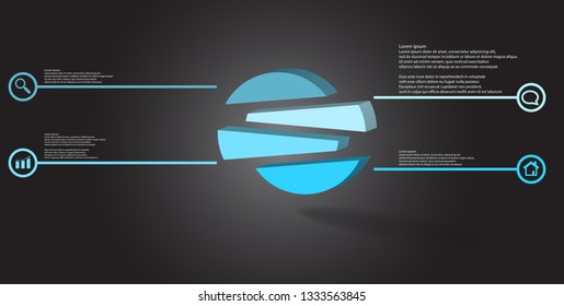 3D illustration infographic template with embossed circle randomly divided to four shifted parts