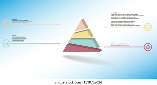 3D illustration infographic template. The embossed triangle is randomly divided to four color parts. Object is arranged on blue white background. Lines with signs in circles are on sides.