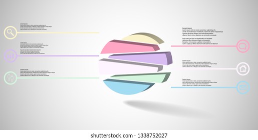 3D illustration infographic template. The embossed circle is randomly divided to six shifted color parts. Object is arranged on grey white background. Lines with signs in circles are on sides.