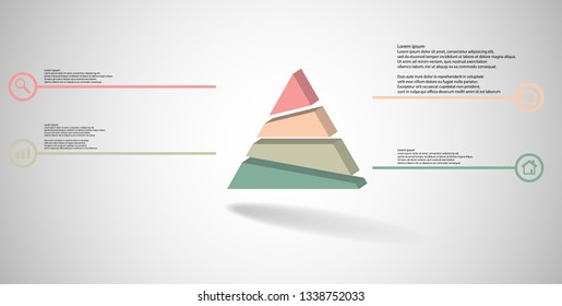 3D illustration infographic template. The embossed triangle is randomly divided to four color parts. Object is arranged on grey white background. Lines with signs in circles are on sides.