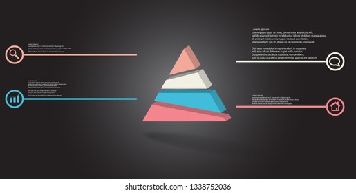 3D illustration infographic template. The embossed triangle is randomly divided to four color parts. Object is arranged on grey black background. Lines with signs in circles are on sides.