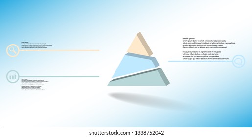3D illustration infographic template. The embossed triangle is randomly divided to three color parts. Object is arranged on blue white background. Lines with signs in circles are on sides.